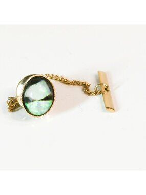 Vintage Gold Tone Abalone Shell Tie Tack & Chain Round Green Iridescent